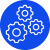 Blue background with white illustration of three cog wheels of different sizesin white