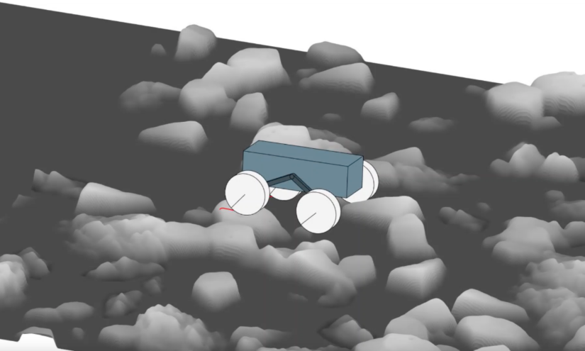 Simulation of a NASA rover on rocky terrain