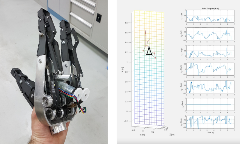Left: A prototype mechanically adaptable gripper for a robotic climber. Right: An early simulation of Clyde's parrot-inspired climbing robot.