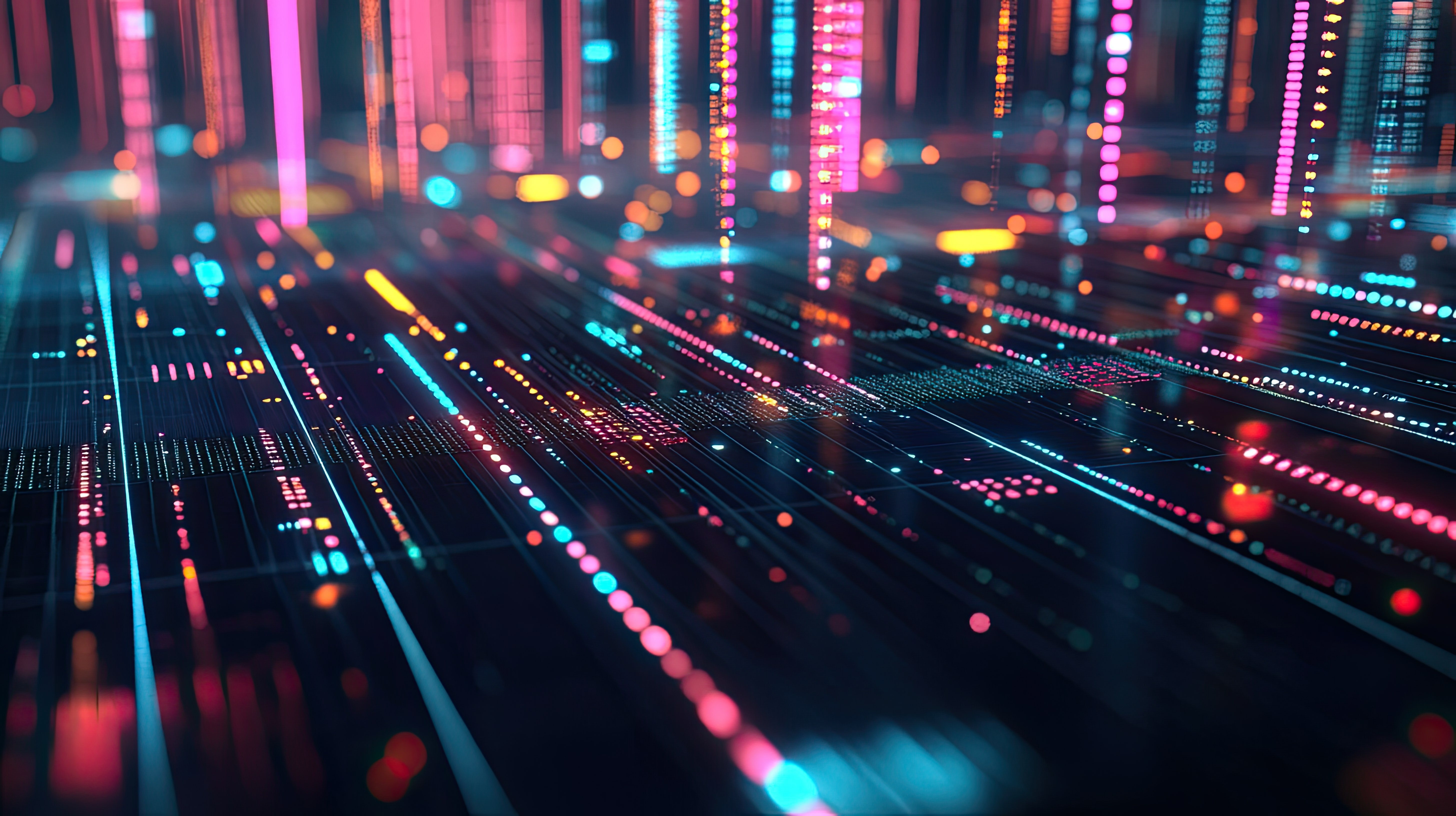 Futuristic neon abstract with glowing lights and vibrant colors, evoking a cyberpunk aesthetic