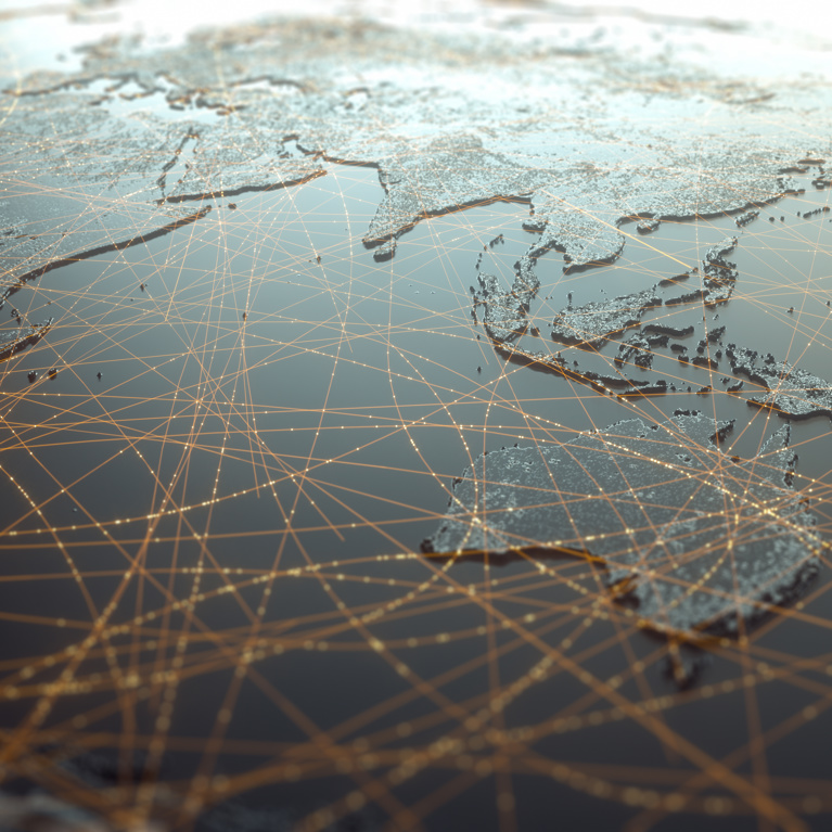 Globalized world, the future of digital technology. Connections and cloud computing in the virtual world. World map with satellite data connections. Connectivity across the world.