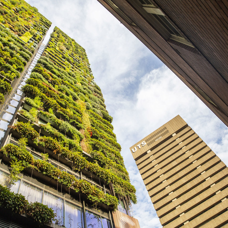 Exterior view of Central Park building covered in greenery and the UTS Tower.
