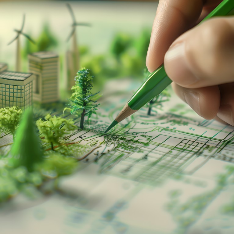 Businessman planning on environmental protection initiative for clean and sustainable future ecology, ESG environmental social governance display on paper chart on eco-friendly company