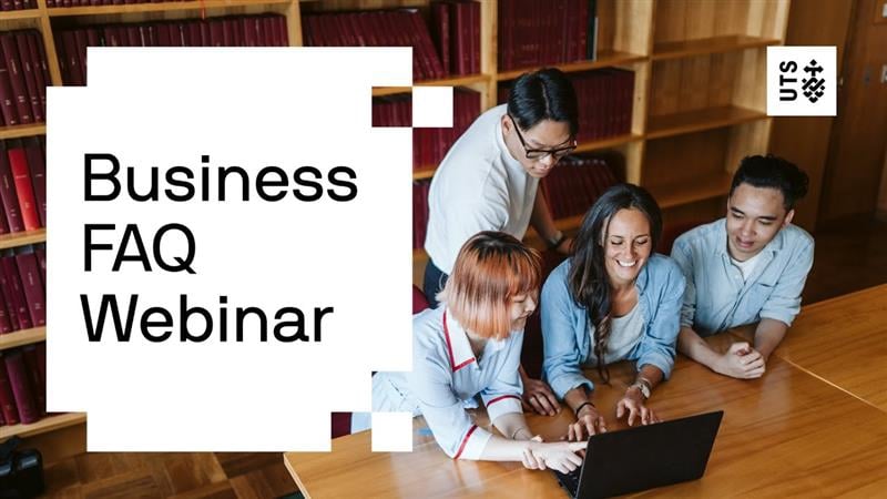 Text: 'Business FAQ webinar' over image of students looking at a laptop