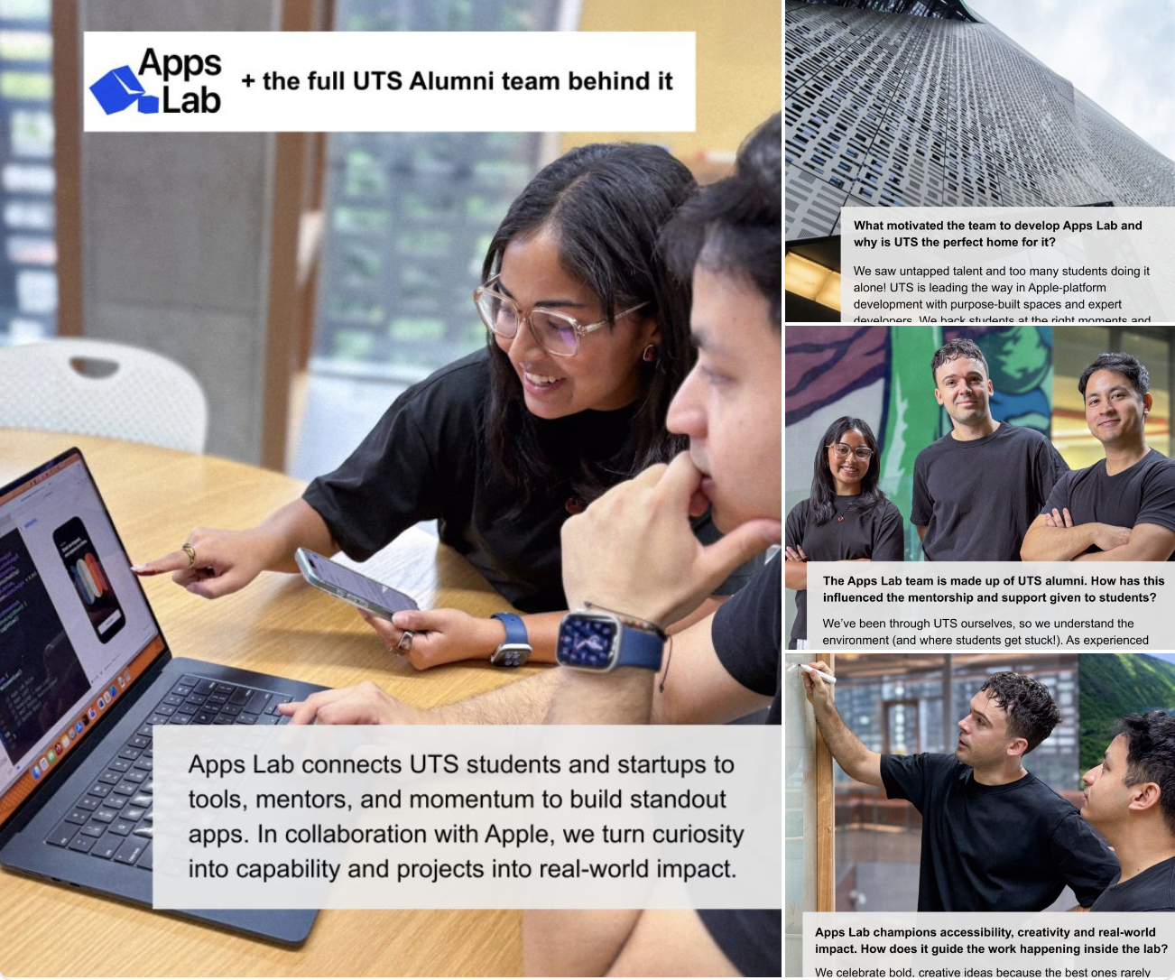 Apps Lab collage: Three UTS alumni collaborate at a laptop, with one holding a phone. Skyscraper and campus photos overlay text about mentorship and innovation.