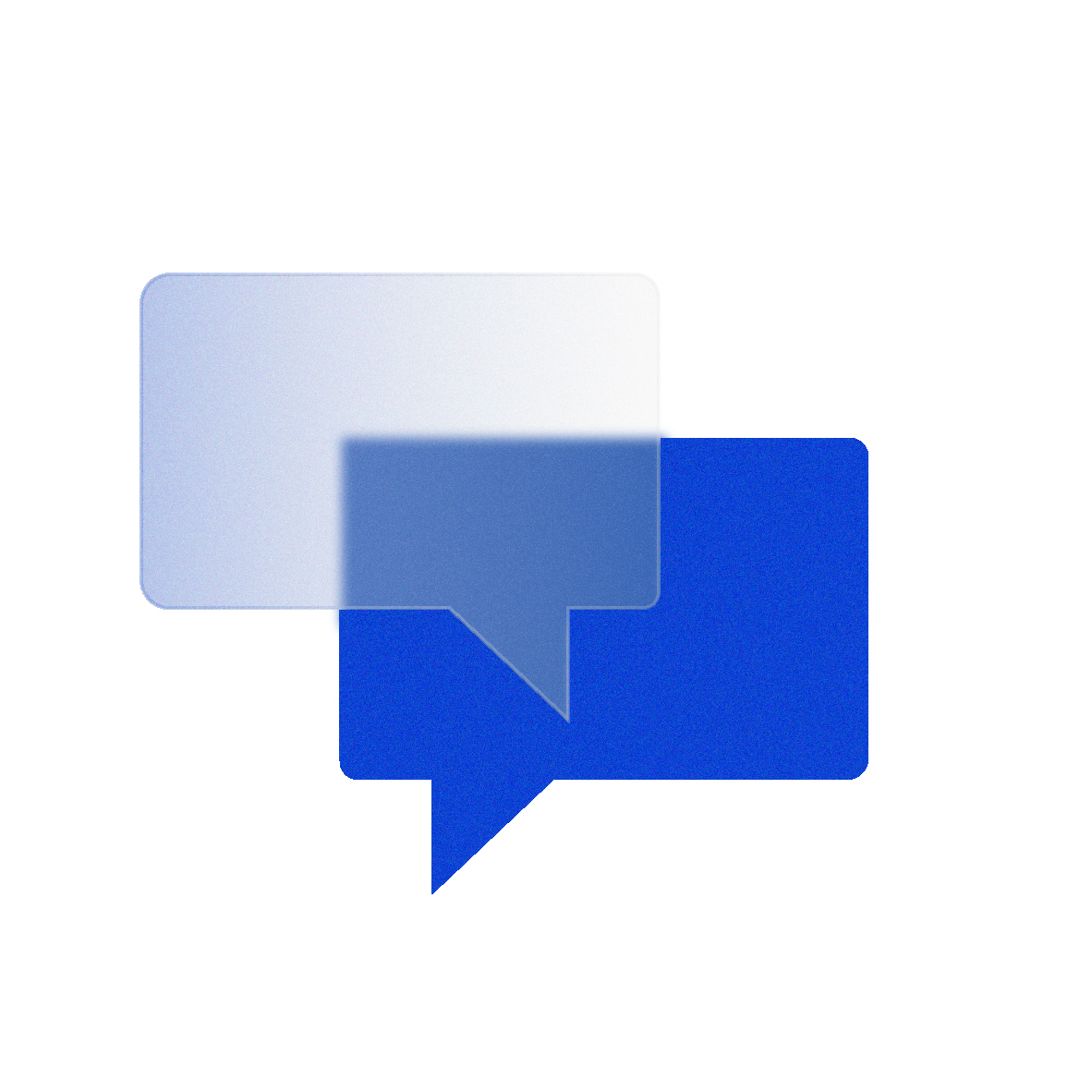 Overlapping white and blue speech bubbles on a white background, conveying communication and conversation. The design is simple and modern.