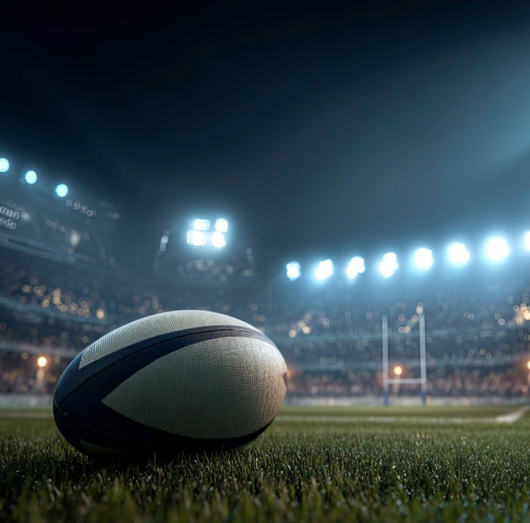 AI image of a rugby ball sitting on grass with the ruby goal posts out of focus in the background. It is night time and lights are on at the field.