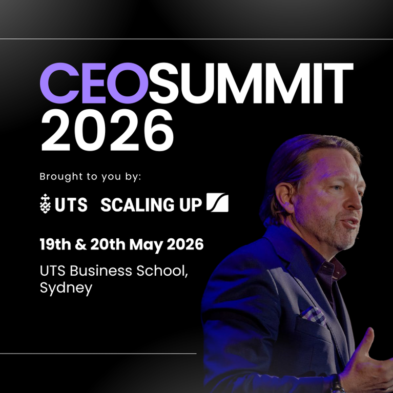 The righthand side of the image shows a man in a suit on stage addressing an audience offscreen. To the left hand side there's a graphic that reads CEO Summit 2026 Brought to you by Scaling Up and UTS. Tuesday 19th Wednesday 20th May 2026. UTS Business School Sydney.