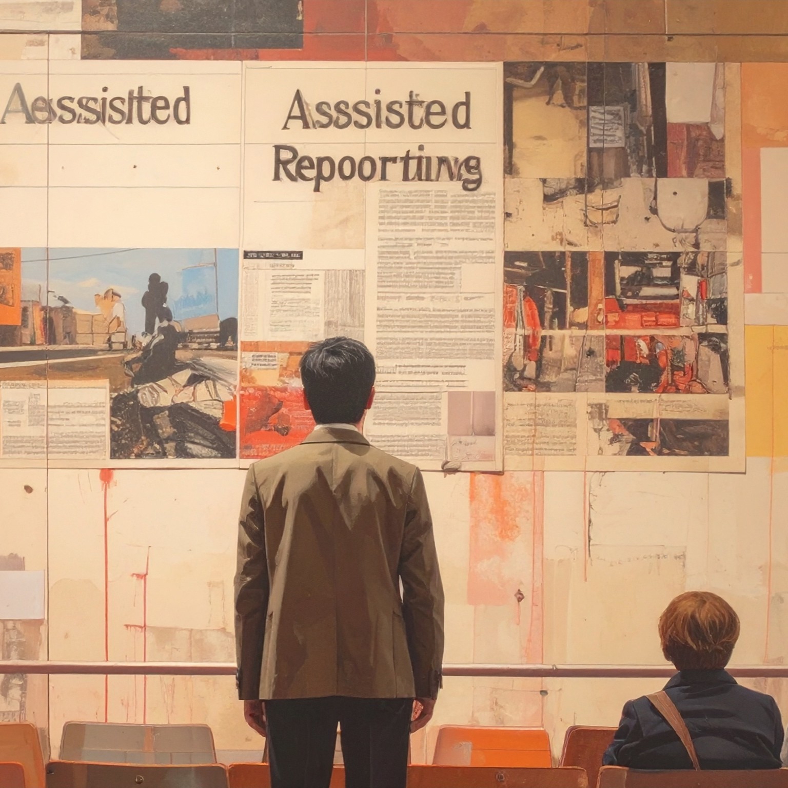 An illustration of a figure looking toward a wall covered in newspaper collage