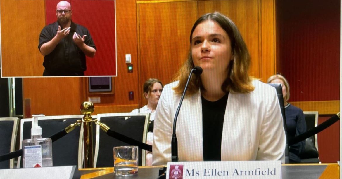 Ellen Armfield in her role as Chair of the NSW Youth Advisory Council, attends parliamentary inquiry into young people with disabilities in NSW education settings.