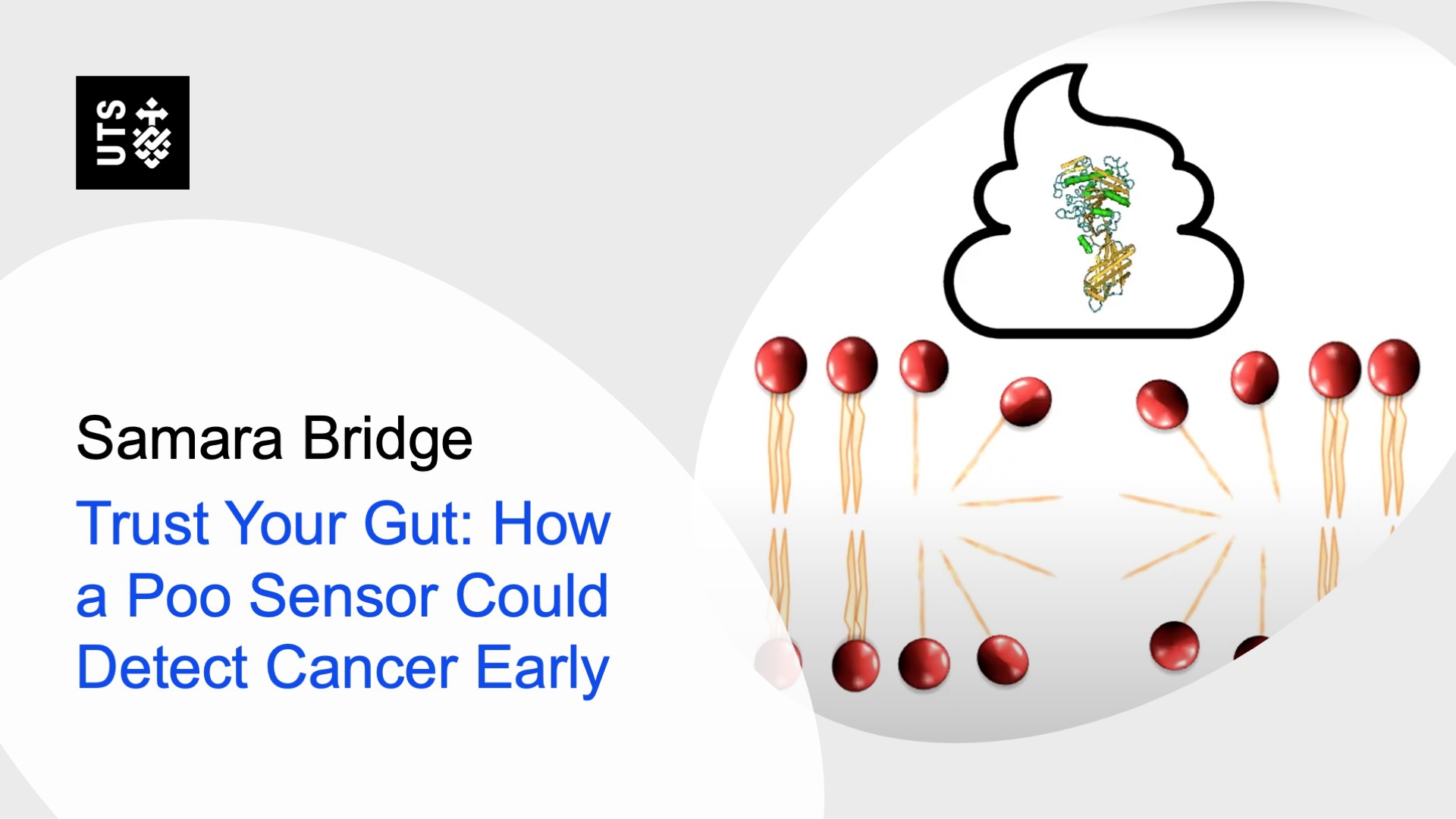 Presentation slide with UTS logo. Title reads 'Trust Your Gut: How a Poo Sensor Could Detect Cancer Early' by Samara Bridge, featuring abstract intestine and microstructure graphics.