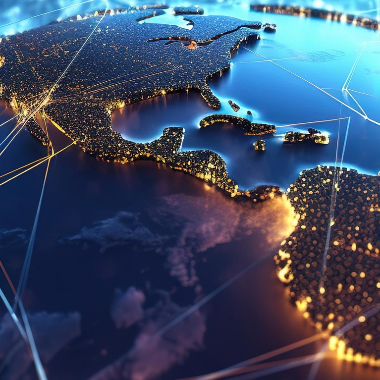 A blue globe with countries shown lit at night with network lines between them indicating interlinkages