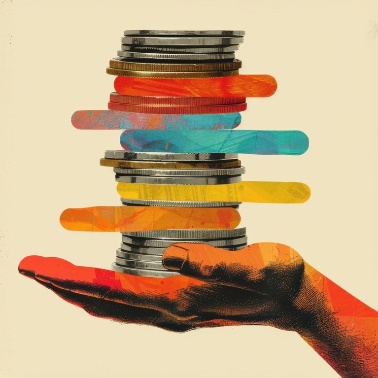 A collage of a hand holding a towering pile of coins with lines of coloured paint creating bars between coins