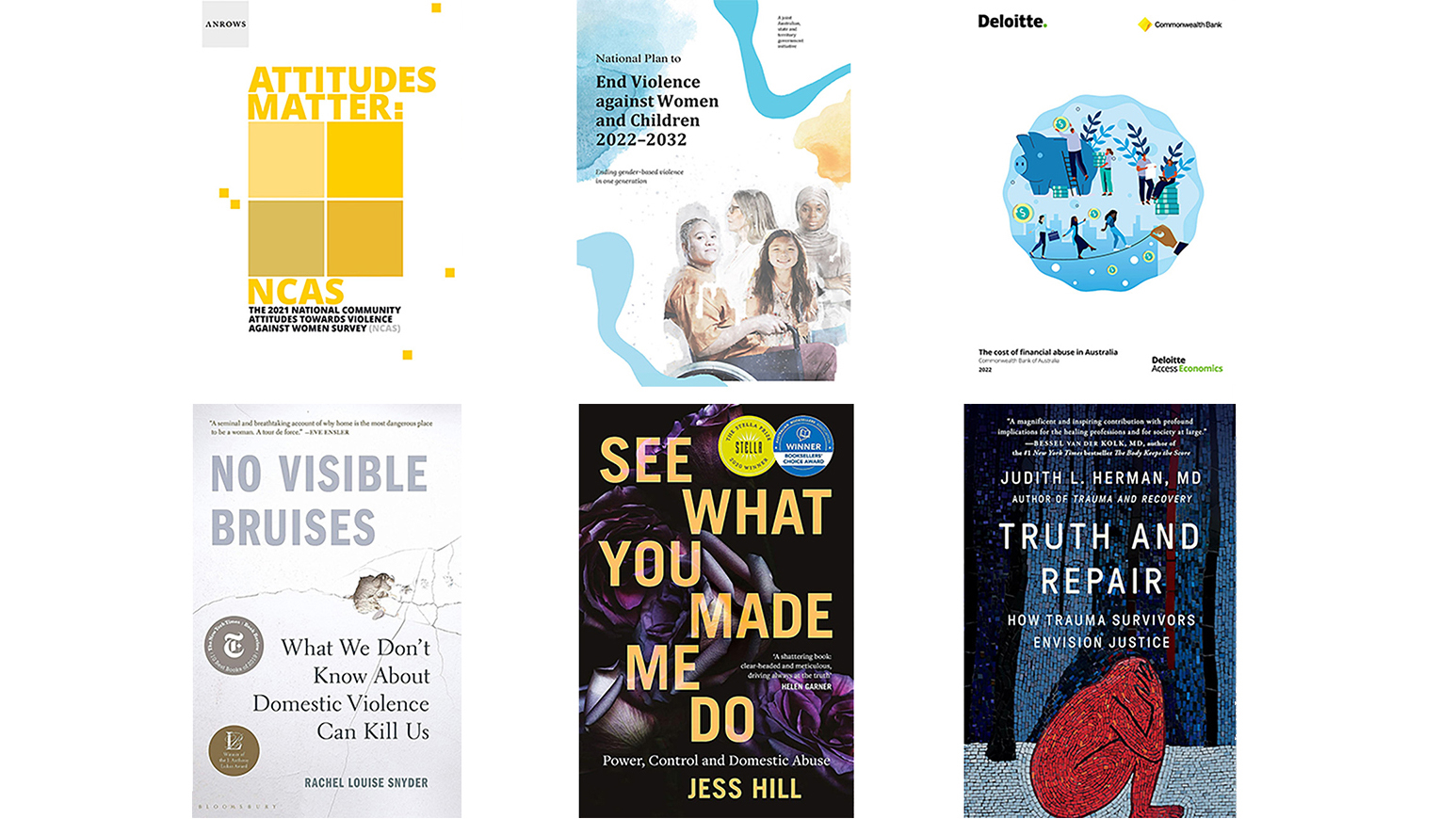 A collage of six book covers and reports on domestic violence and abuse. Each cover features titles and images related to prevention and awareness.