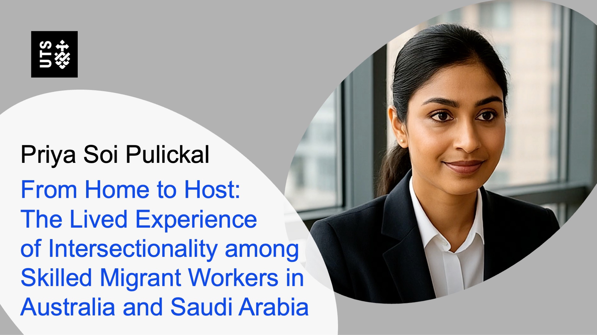 Portrait of a smiling woman in a professional setting next to text titled "From Home to Host" on skilled migrant workers' experiences.