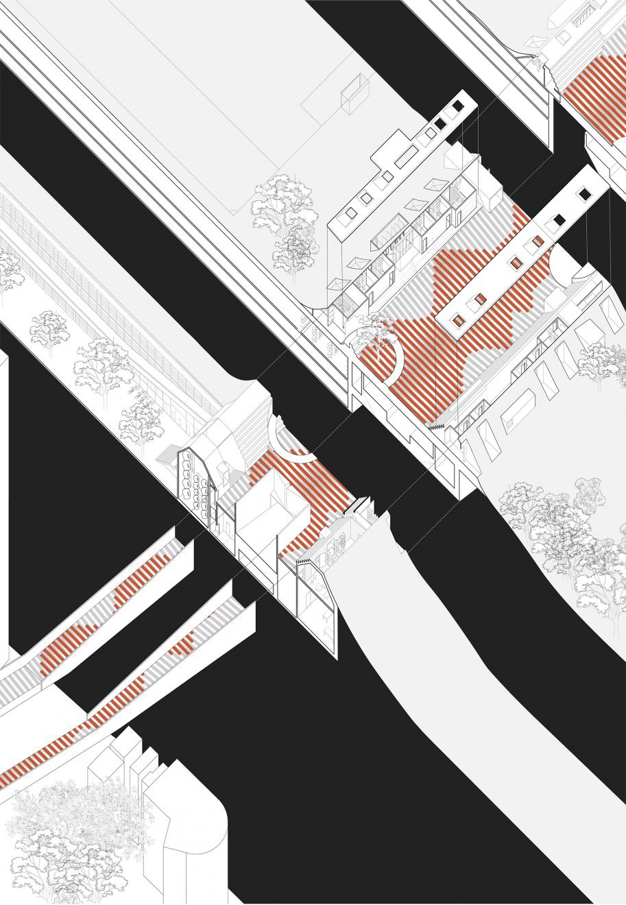 Black, white and red graphic architectural drawing