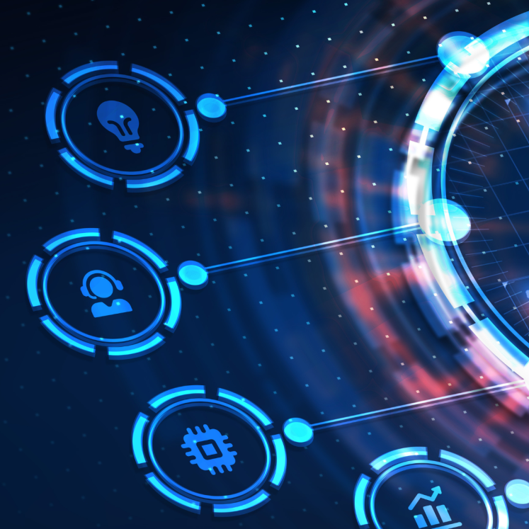Blue background. Regulation word on right hand side. circlearound the word regulation maping to other symbols including a lightbulb, a person, gear and bar graph