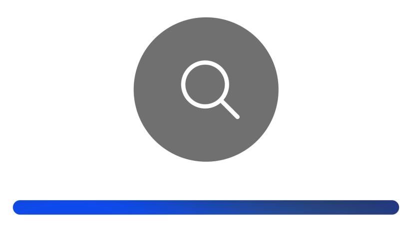 Gray circle with a magnifying glass icon above a horizontal blue progress bar, suggesting a search or loading process, on a white background.