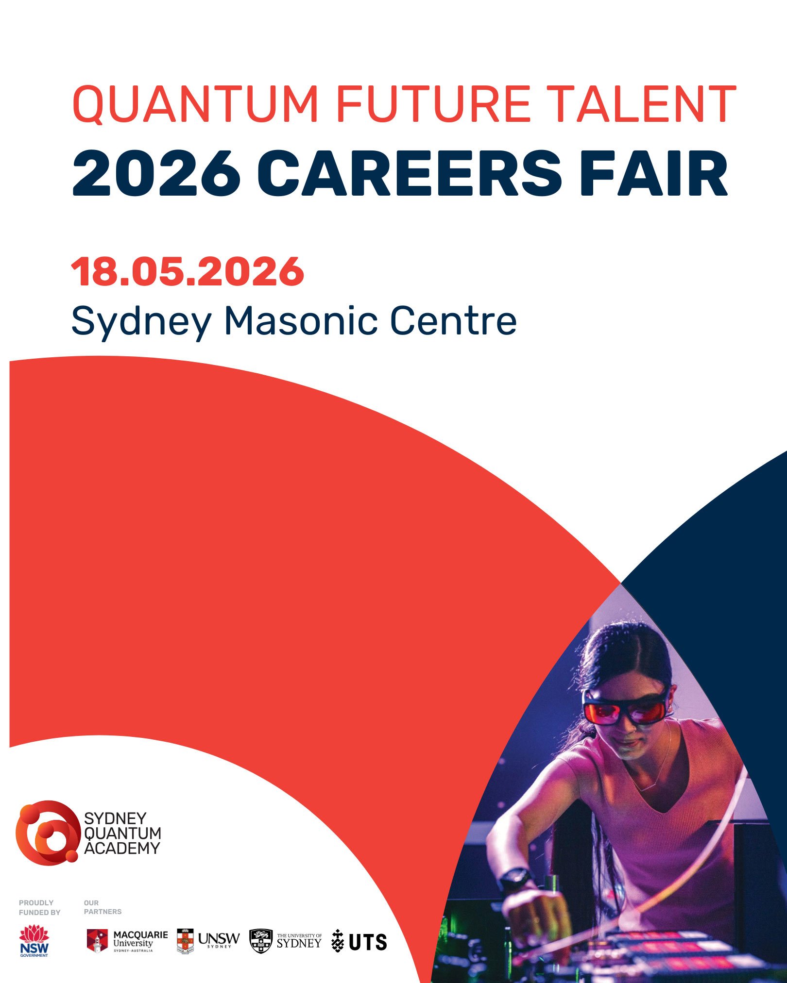 Event flyer text: Quantum Future Talent 2026 Careers Fair 18.05.2026 Sydney Masonic Centre. Image: Young woman in goggles adjusting electronics board.