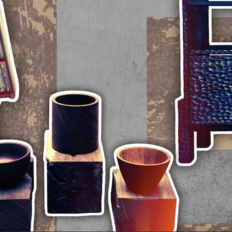 A composite images showing a variety of handmade hardwood furniture items.