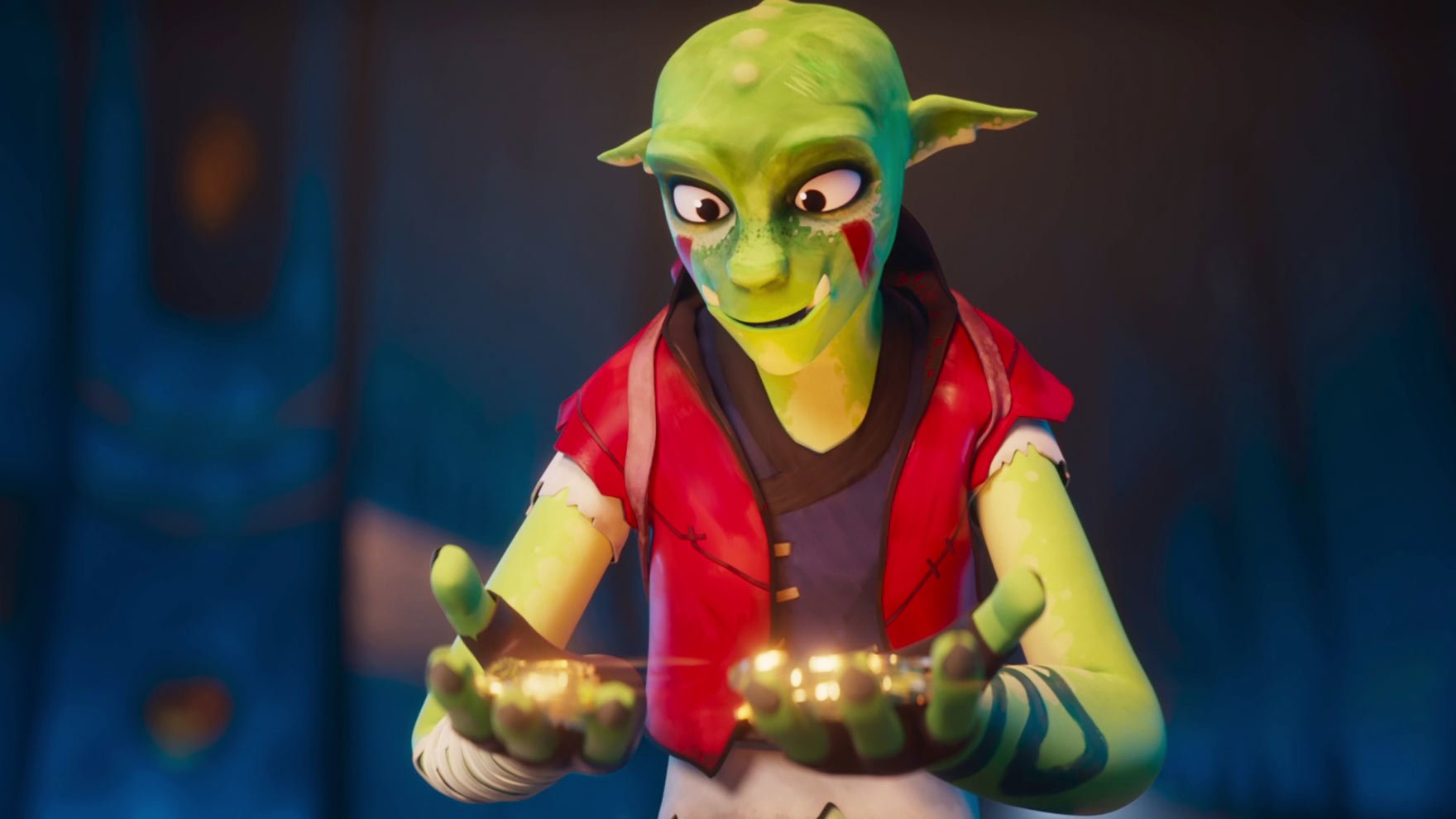 Green animated character gazes at gold in its hands