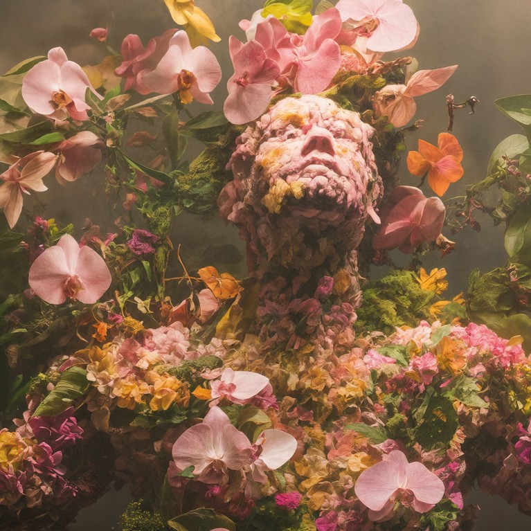 A still image from an immersive art installation nurturing emotional resilience in young women. A human figure rendered with floral imagery. Black Dog Institute / ReBloom project team