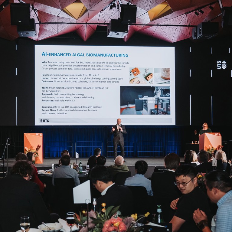 Distinguished Professor Peter Ralph talks about AI-enhanced algal biomanufacturing at the 2024 UTS Vice-Chancellor's Awards for Research Excellence ceremony