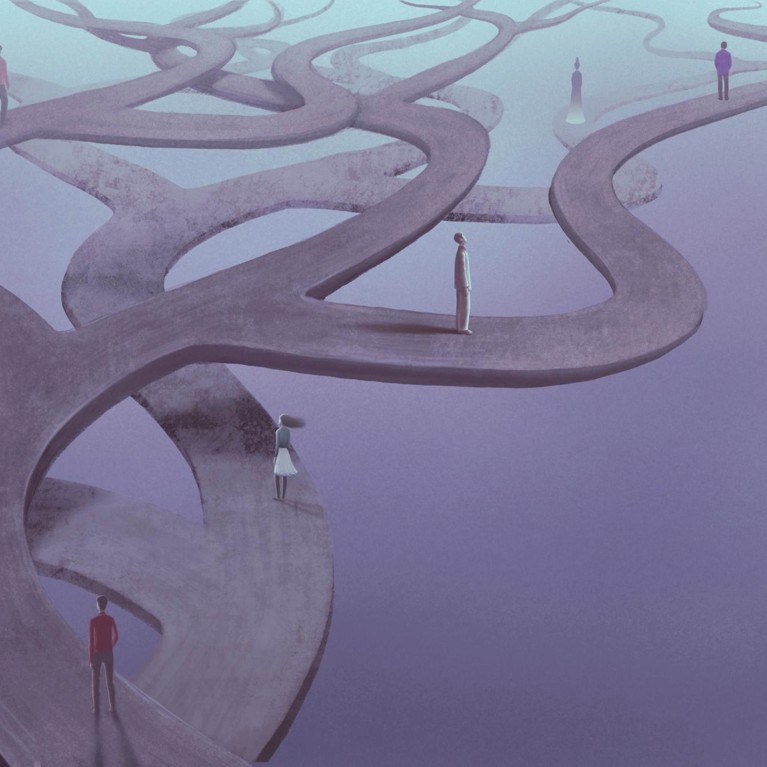 people spread out on spiraling paths heading to an unseen horizon