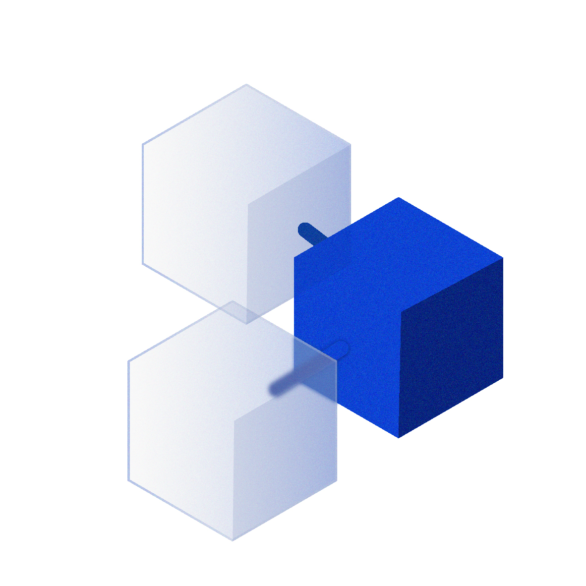 Three cubes are arranged in a triangular formation on a white background. Two solid blue cubes at the base and one transparent cube on top.