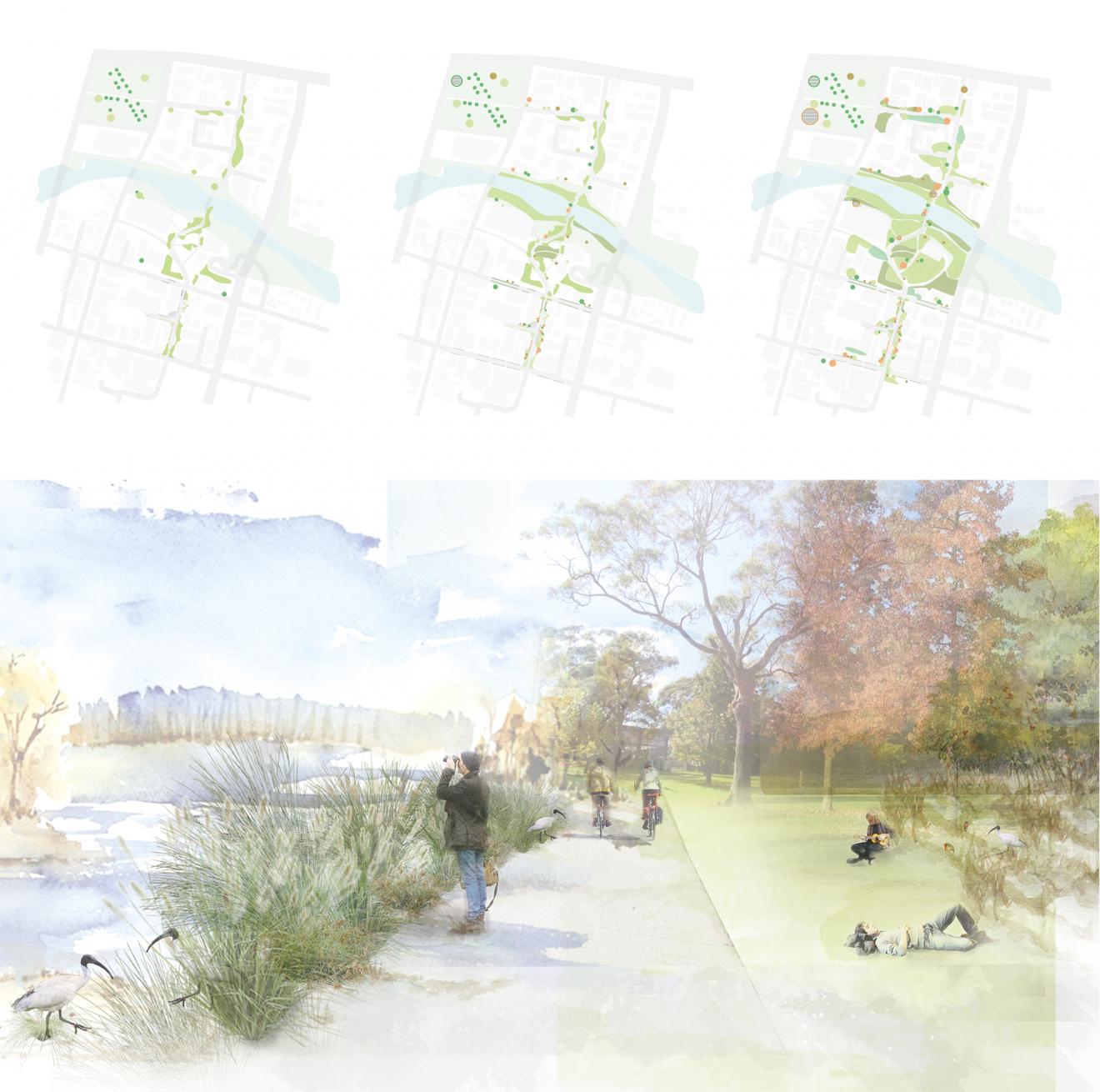 Watercolour painting of people enjoying a waterside natural environment.