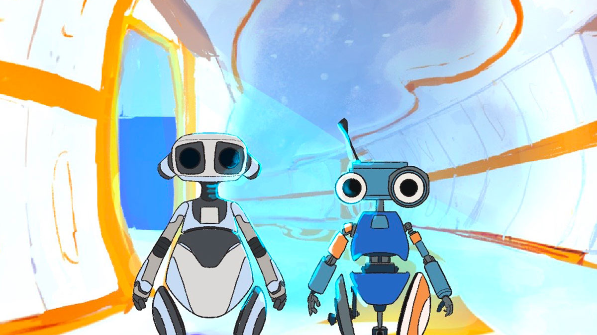 Image of two robots standing side by side in the film Alone.