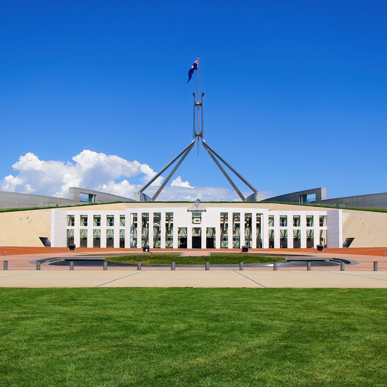 Parliament House of Australia on Capital Hill, as seen from the Centenary Trail in Canberra, Australian Capital Territory