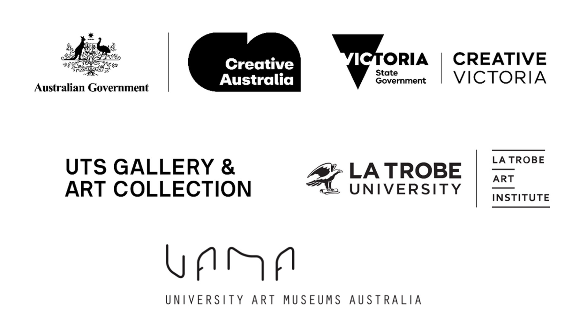 logos for the Australian Government, Creative Australia, Victoria State Government, UTS Gallery and Art Collection, La Trobe University and University Art Museums Australia