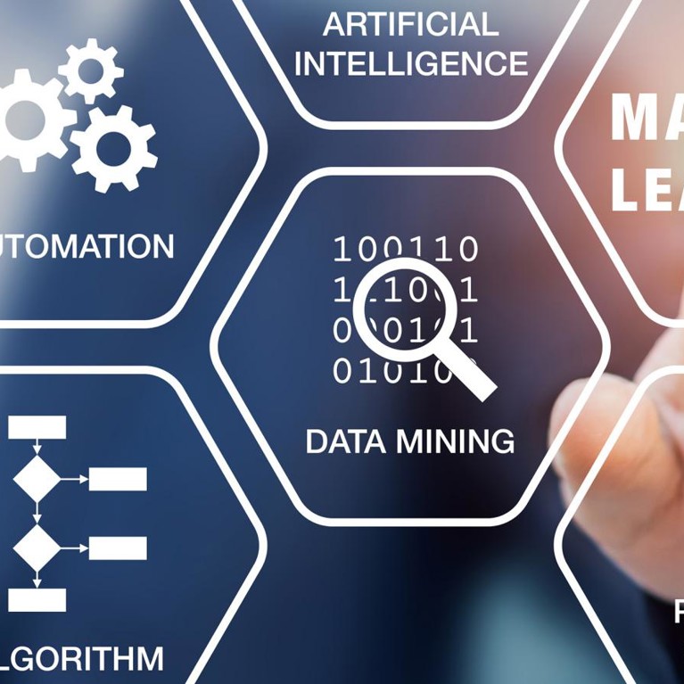 Presentation about machine learning technology with scientist touching screen with artificial intelligence (AI), neural network, automation, and data mining words and computer icons