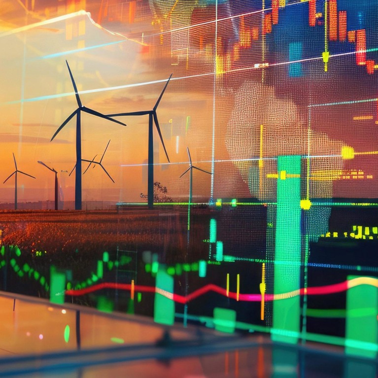 Wind farms overlaid with graphs and computer screen data