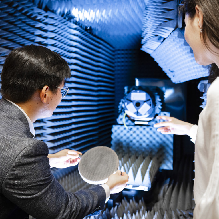 Two researchers working on an experiment in the UTS TechLab acoustics lab. Picture by Andy Roberts
