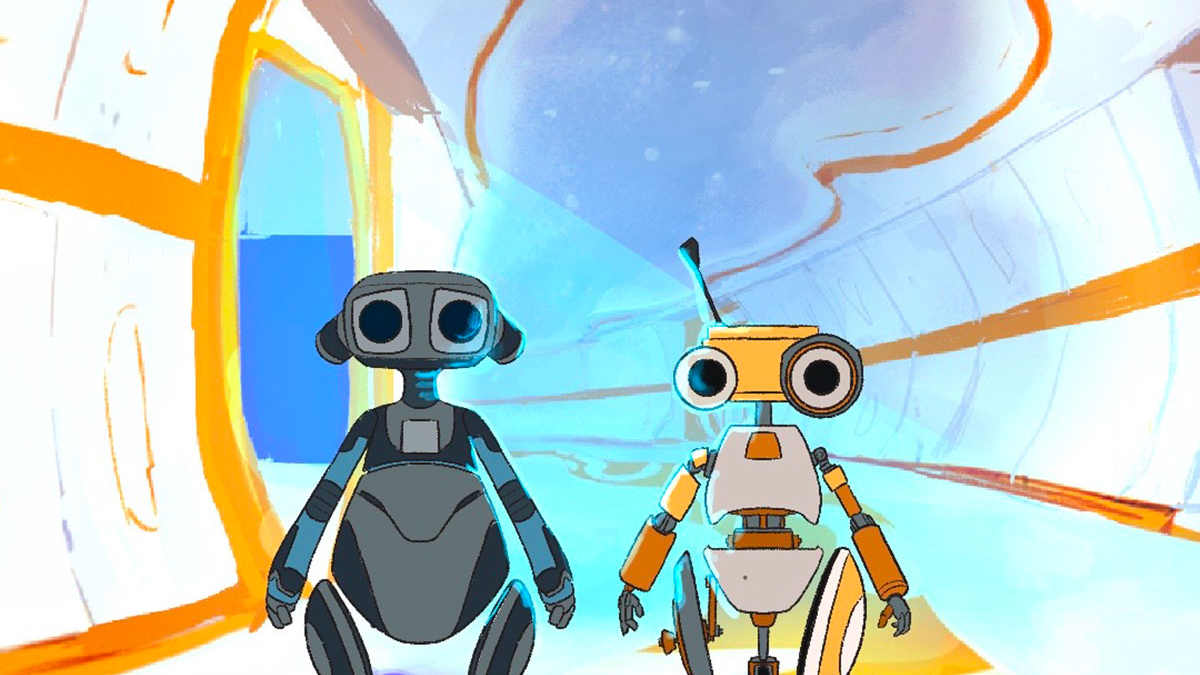 Image of two robots standing side by side in the film Alone.