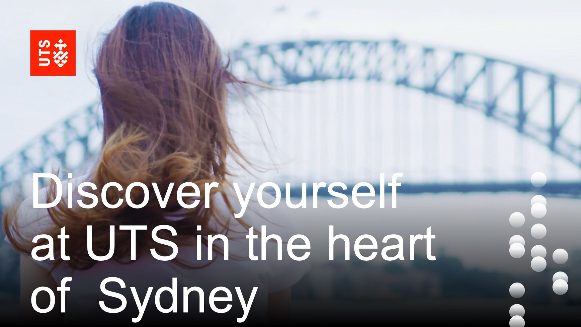A woman with windswept hair faces Sydney Harbour Bridge. The text reads, "Discover yourself at UTS in the heart of Sydney." The mood is adventurous and reflective.