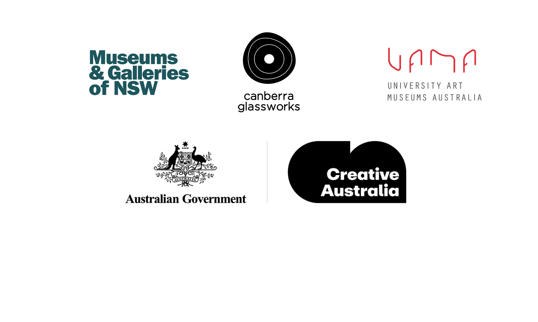logos for the Australian Government, Creative Australia, Victoria State Government, UTS Gallery and Art Collection, University Art Museums Australia, and Canberra Glassworks