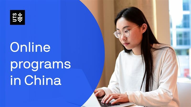 Young student working on a laptop with text that reads: "Online programs in China"