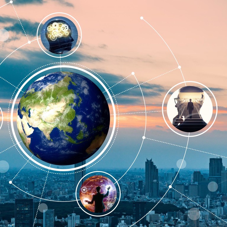 City background with images of global network