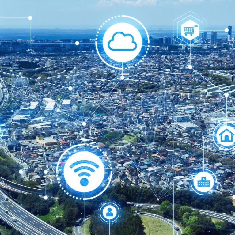 Aerial view of communication network concept in a smart city
