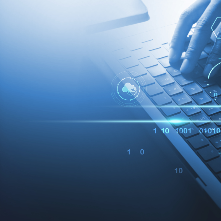 Hands on a keyboard, with floating AI, data and thumbprints