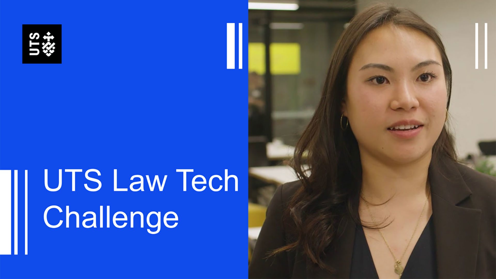 Text: UTS Law Tech Challenge. Photo of young student.