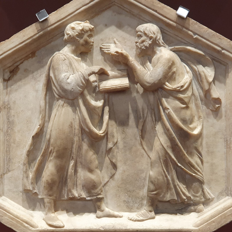 A low relief sculpture depicting Plato and Aristotle arguing by Luca della Robbia, Museo dell'Opera del Duomo (Florence). Picture by Yair Haklai/Wilimedia Commons.