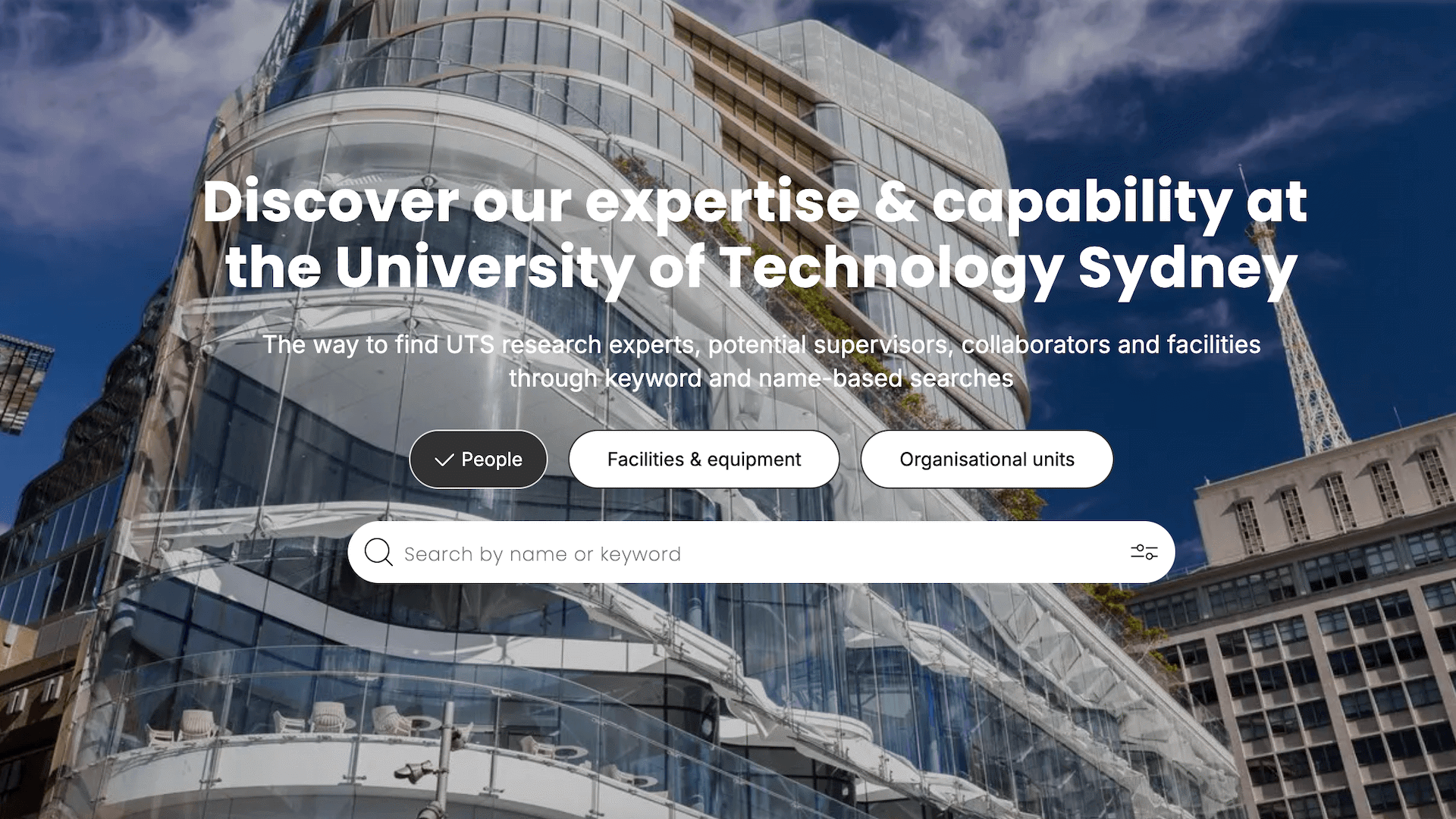 U-T-S Central building overlaid with text that reads: "Discover our expertise and capability at the University of Technology Sydney".
