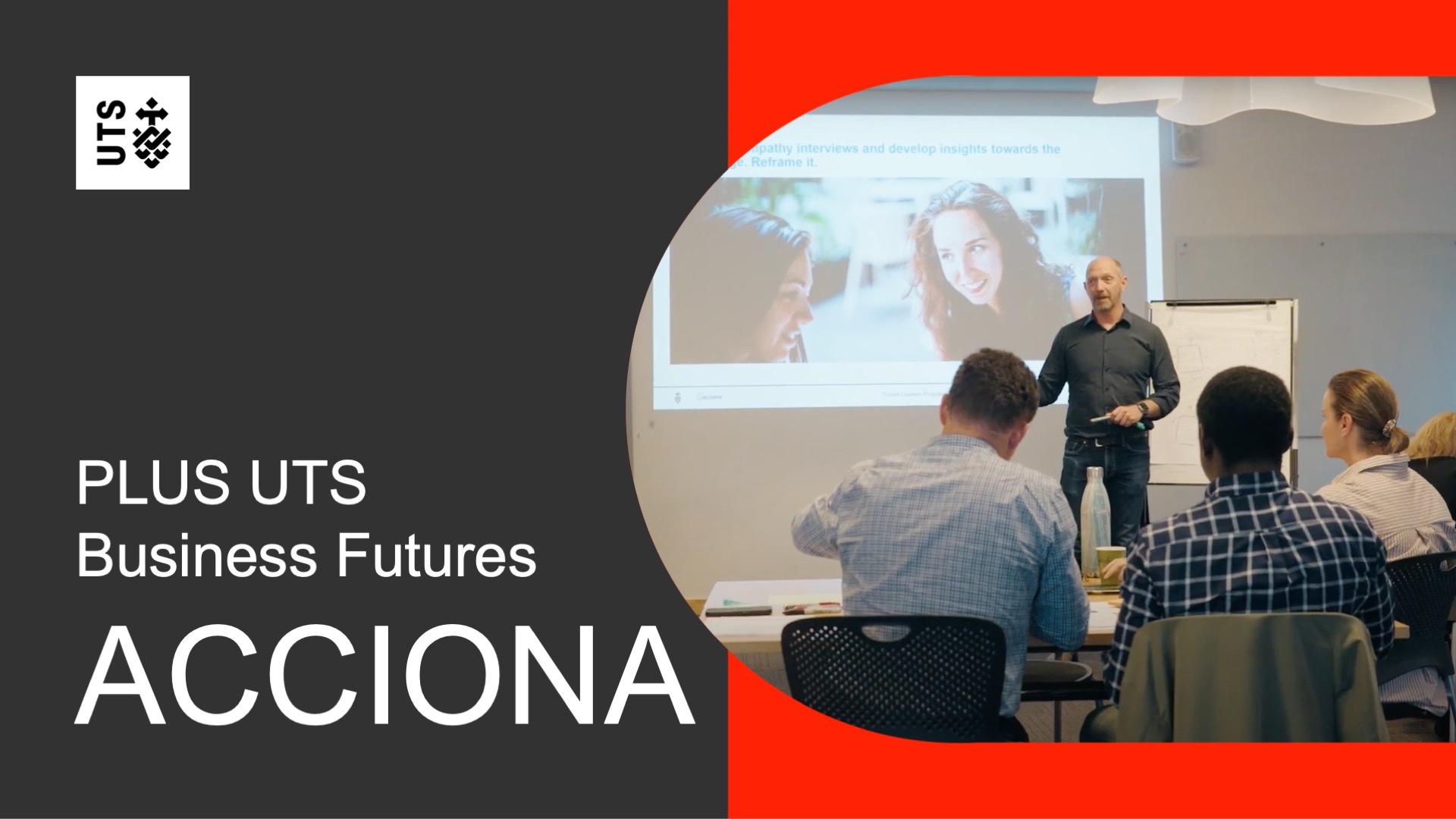 A man stands in front of a meeting room with a presentation on a screen. Attendees sit at a table with laptops. The mood is professional and engaging. Text reads: "PLUS UTS Business Futures ACCIONA."