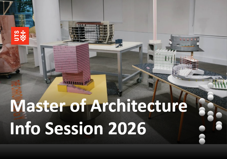 Architectural models on tables in a modern room, featuring various building designs. Text overlay reads "Master of Architecture Info Session 2026."