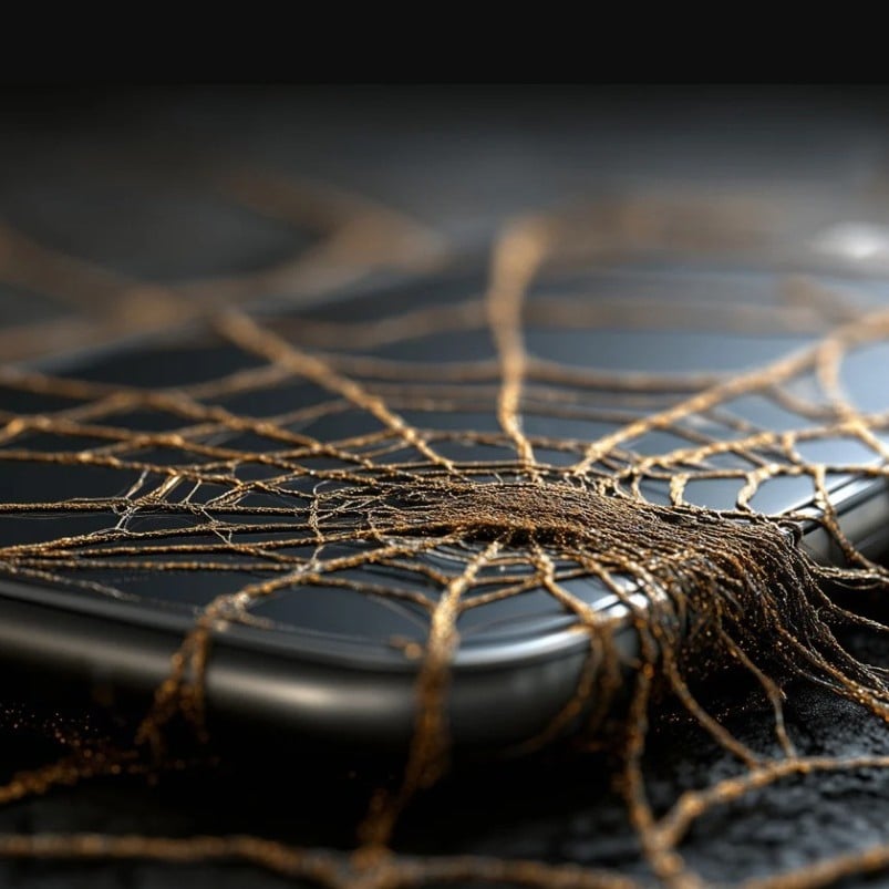 A spiderweb made of fine rope thread covering a mobile phone