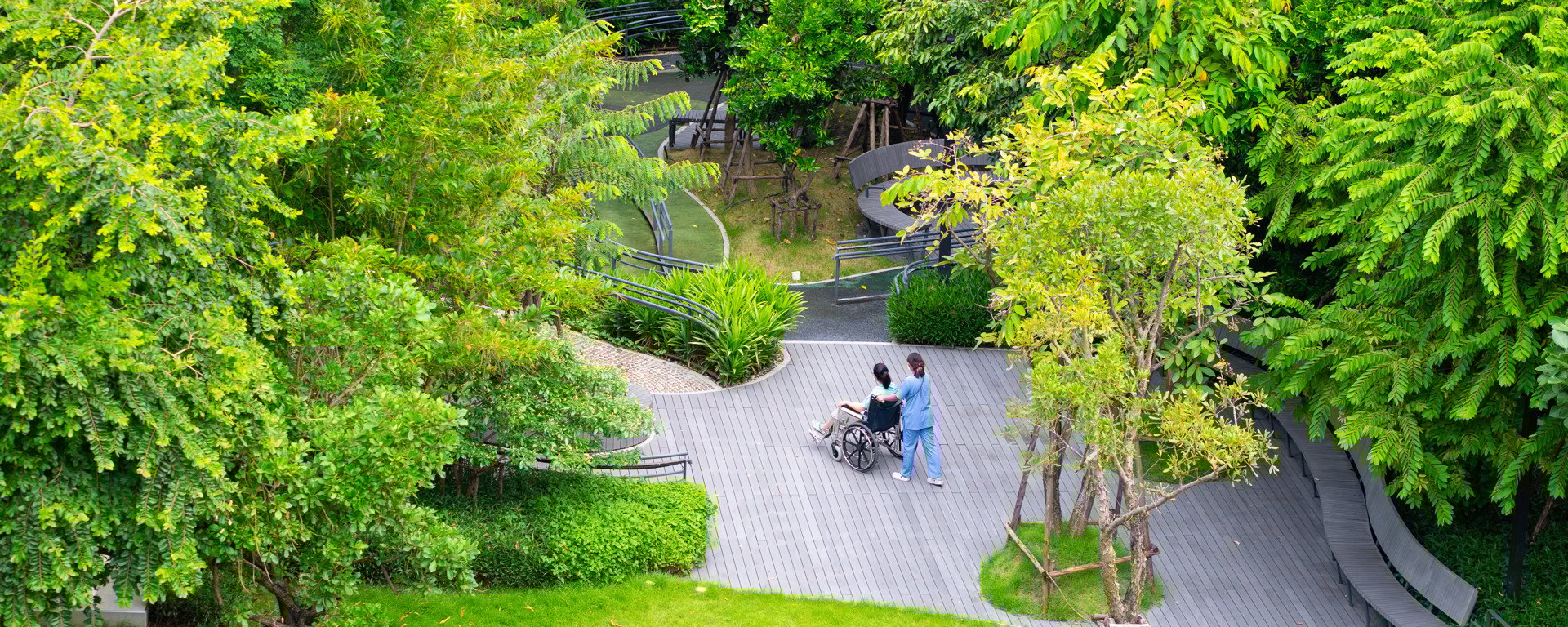 Aerial view of a serene garden with lush greenery, winding paths, and a person pushing a wheelchair.